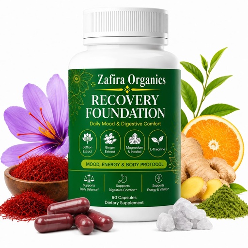 [BRSRYZL2BV7BQ2QU] Recovery Foundation Supplement, Mood & Digestive Comfort Support with Saffron Extract, L-Theanine, Myo-Inositol, Magnesium, Ginger, Vitamin D3 & B12, Daily Energy, 60 Capsules