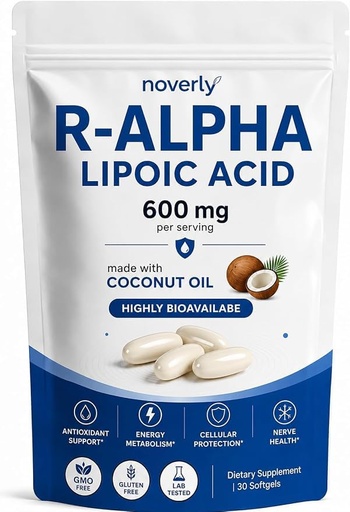 [BRSRYEA6O4HAYCDB] NYLA Noverly R-Alpha Lipoic Acid 600 mg Softgels with Coconut Oil, Daily Antioxidant and Energy Metabolism Support, Gluten-Free, 30 Count
