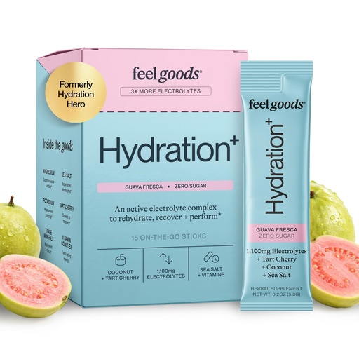 [BRSROFIECEMRACTL] Feel Goods Hydration+, 1,100mg Electrolytes, Sugar Free Packets, Daily Hydration, Magnesium, Organic Tart Cherry, Potassium, Less Cramping, Energy Boost - Electrolyte Powder Packets - 15 Count