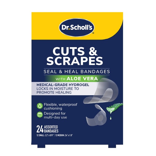 [BRSRG2T6OB6AAAY2] Dr. Scholl’s Cuts & Scrapes Flexible Adhesive Waterproof Small & Medium Seal & Heal Bandages, First Aid Wound Care Medical Supplies, Medical Hydrogel Locks in Moisture to Promote Healing, 24 Count