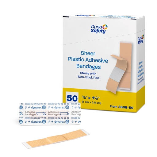 [BRSREHD7OZ6A2CL7] Dynarex Sheer Plastic Adhesive Bandages Water-Resistant and Sterile Non-Stick Pad First Aid Covers Minor Cuts Scratches - 3/8" x 1 1/2" Junior, 1 Box of 50