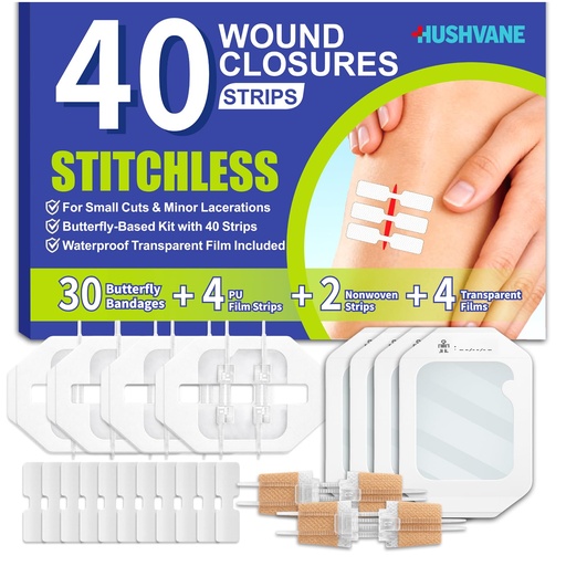 [BRSRG23YDECBUCLZ] Wound Closure Strips for Skin, 40 Pack Stitchless Skin Closure Device, Alternative to Stitches for Cuts & Lacerations, Butterfly Bandages for Wound Closure, Waterproof & Breathable