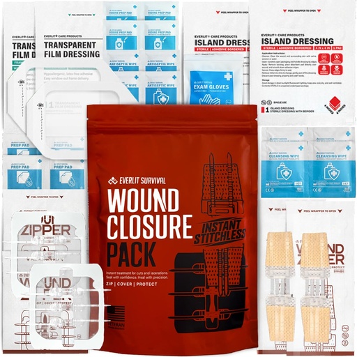 [BRSRAZQZBMIWY2TD] EVERLIT Wound Closure Pack | 4 Pcs Surgical Wound Zip Devices for Cut & Laceration Wound Repair | Sterile, Suture-Free, Stitch-Less Adhesive Butterfly Bandage Strips for Emergency First Aid Care
