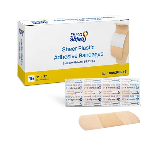 [BRSREHD6OINQGADL] Dynarex Sheer Plastic Adhesive Bandages Water-Resistant and Sterile Non-Stick Pad First Aid Covers Minor Cuts Scratches - 1" x 3", 1 Box of 16