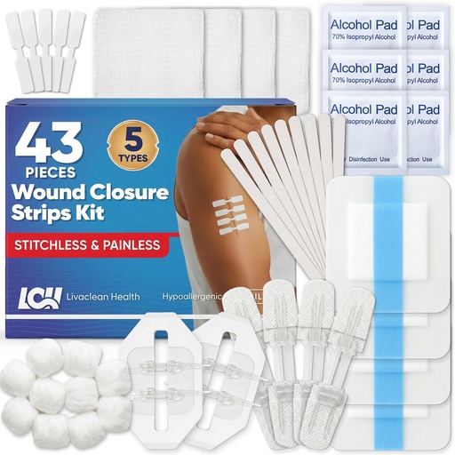 [BRSREZIBC4FGCC3H] 43 Pcs Wound Closure Strips Kit - Butterfly Bandages, 4 Types - Zip Suture Bandages, Gauze Pads, PU Dressings, Alcohol & Cotton Swabs - Emergency Wound Closure Kit for Cuts, Lacerations & Abrasions