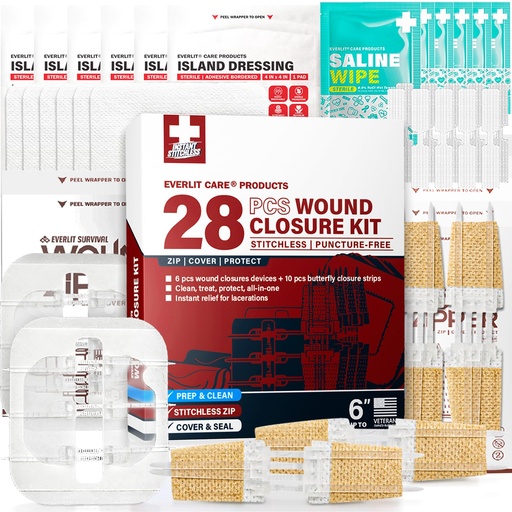 [BRSREEDROUOWKCLH] EVERLIT CARE Wound Closure Kit | 28 Pcs All-in-One First Aid with Suture-Free, Stitchless Zip Devices, Butterfly Bandages, for up to 6" Wounds | 100% Sterile Medical Supplies to Clean, Cover & Heal