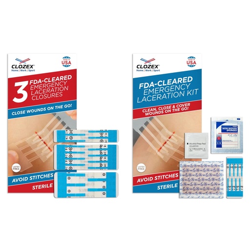 [BRSRAFI6AUARGDIY] Clozex Emergency Laceration Closure & Kit FSA HSA Eligible Skin Closure Device Treat 4 Wounds Combined Up to 5 3/4" Includes Complete Kit to Clean, Close, &Cover Injuries Without Stitches