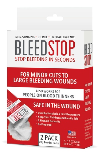 [BRSW2ZLQA57A2C3P] BleedStop™ First Aid Powder for Blood Clotting, Trauma Kit, Blood Thinner Patients, Camping Safety, and Survival Equipment for Moderate to Severe Bleeding Wounds or Nosebleeds - 2 (20g) Pouches