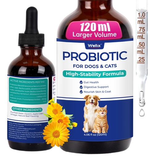 [BRSREBI3OIJWAF33] Wellix 120ml Liquid Probiotic for Cats & Dogs, Aiding Digestive Health | 8-Strain Probiotics for Cat & Dog Digestive Support, Dry Skin Relief, Stool Formation for Cats & Dogs of All Ages
