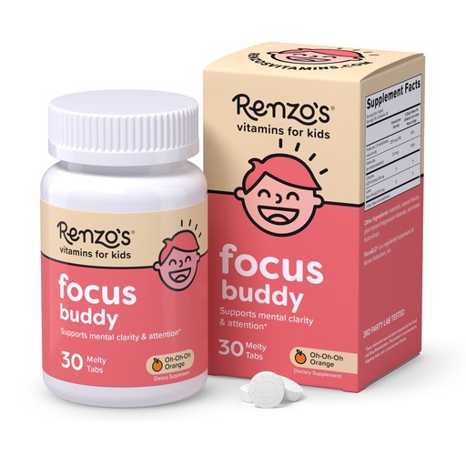 [BRSRYYLYAV6W2GTH] Renzo's Focus Buddy Kids Brain Support, Dissolvable Tabs, 30-Count | Citicoline, Lutein, B12, Folate, Focus & Attention Support, Stimulant-Free, Sugar-Free, Orange Flavor, 1-Month Supply
