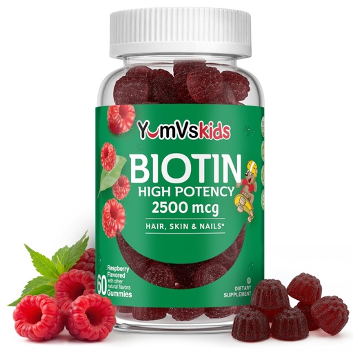 [BRSRYZL3PMMG23IV] YUM-V'S Kids Biotin Gummies 2,500mcg – Hair Skin and Nails Vitamins for Age 4 Years and Up – Non-GMO, Vegetarian Hair Vitamins Supplement – Delicious Berry Flavor, 60 Gummies, 30-Day Supply