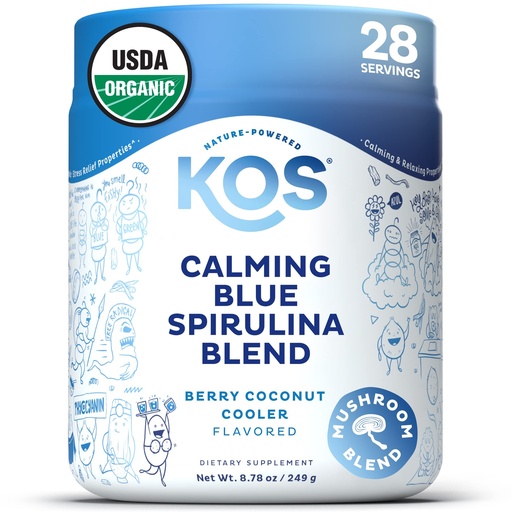 [BRSWYFQCOUIGE3TP] KOS Calming Blue Spirulina Blend- USDA Certified Organic - Algae Superfood Powder with Ashwagandha Root, Lemon Balm, Reishi Mushroom, B Vitamins - Berry Coconut Cooler Flavor, 28 Servings