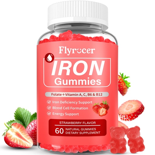 [BRSRABQ5CNYRYGTV] Iron Gummies for Men and Women, Energize, Combat Fatigue, Support Anemia Recovery. Packed with Iron, Folate, Vitamin C, in Vegan Strawberry Flavor, 60 Gummies