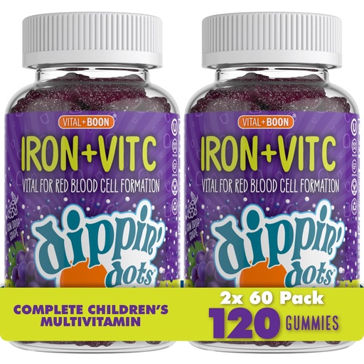 [BRSREEAOBVYRADTB] Dippin' Dots Iron Gummies for Women, Vitamin C & B12 (60ct, 2 Pack) | Gum Drop Grape iron supplement gummies with Vitamin C & B12, vital for red blood cells; vegan, gluten free, 60ct x2 pack.