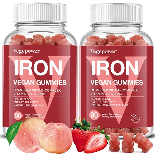 [BRSRAZQYAR6B6HT2] Vegan Iron Gummies Supplements for Women & Kids - Peach & Strawberry - Great Tasting Iron Gummy Vitamins with Vitamin C for Max Absorption - Natural, Non-GMO, No Artificial Additives