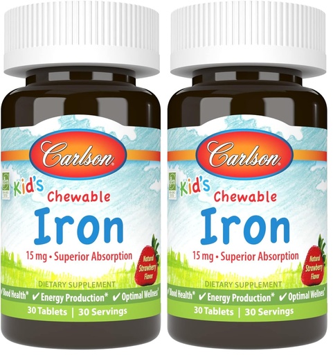 [BRSREAANCV4BUC32] Carlson - Kid's Chewable Iron, 15 mg, Superior Absorption, Blood Health, Energy Production & Optimal Wellness, Natural Strawberry Flavor, 30 Tablets (Pack of 2)