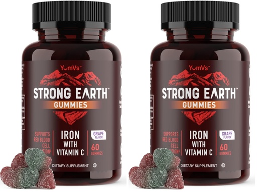 [BRSREAAFCMIG22Q4] YUM-V'S Strong Earth Iron with Vitamin C Gummies (60 Count) - Iron Supplements with Vitamin C Gummy - Blood Builder Anemia FE Iron Gummies, Iron Supplement for Women and Men (Pack of 2)