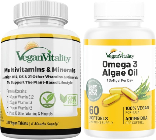 [BRSRAGAEAV7WKEI6] Vegan Vitality Immunity Booster Bundle 6 Months - Vegan Multivitamins and Vegan Omega 3 Algae Oil. High Strength Plant Based Formula for Immunity, Energy Overall Health for Vegans and Vegetarians