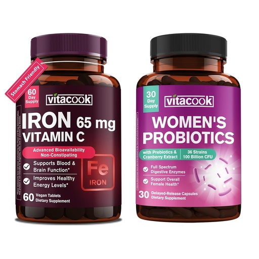 [BRSREBAFC4AQKDI7] Iron Supplement for Women Men, High Potency Iron 65mg with Vitamin C 250mg + Women's Probiotics, 100 Billion CFU 36 Strains, with Prebiotics & Digestive Enzymes