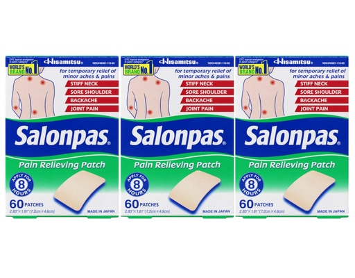 [BRSWGHAKPNYAIF3U] Salonpas Pain Relieving Patches 2.83" x 1.81" 60 Count, Pack 3
