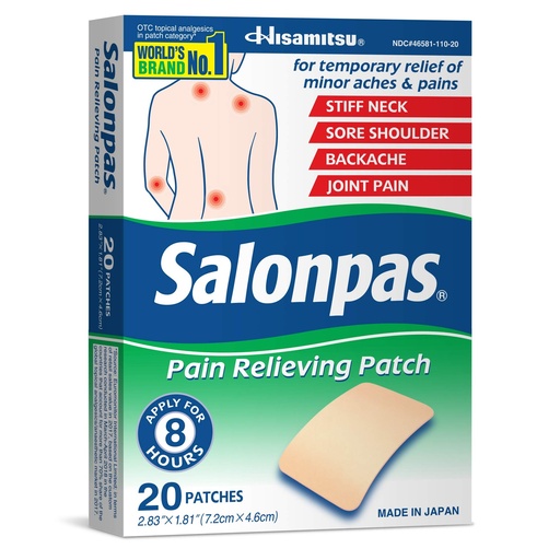 [BRSWGELRAUCA4AD3] Salonpas Pain Relieving Patch, 20 Count (Pack of 1) | Apply For Up to 8 Hours, For Temporary Relief of Minor Aches & Pains, Stiff Neck, Sore Shoulder, Backache, Joint Pain