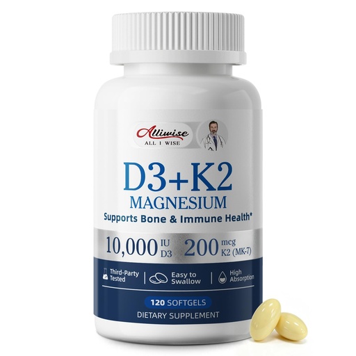 [BRSRGAIZBF6AEGY6] Alliwise D3 K2 Vitamin 10000 IU with Magnesium Complex Softgels, 120 Count | Vitamin D3 K2 Magnesium Complex + 200mcg K2 MK-7 High Potency Daily Mineral, Immune & Sleep Health Supports for Women/Men