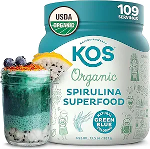 [BRSRMEAZB4FQADLH] KOS USDA Organic Spirulina Powder, Natural Taste - 100% Pure, Non-Irradiated Vegan Green Blue Spirulina Superfood Powder, Plant Based - Rich in Protein, Vitamins, Antioxidants & Fiber, 60 Servings Bag