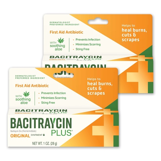 [BRSW2ZLQPMFAOEYZ] Bacitraycin Plus Antibiotic Ointment, Original, Aloe Vera, 1 Oz, 2 Pack | First aid for cuts, healing ointment for open wounds, wound healing, topical antimicrobials, aloe vera