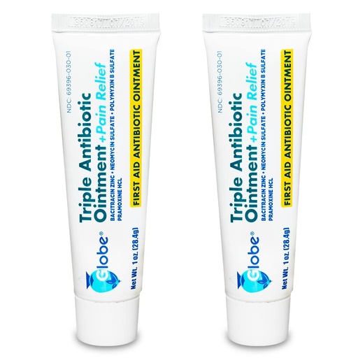 [BRSWGYIPBYCBUH3U] Globe Triple Antibiotic Ointment with Pain Relief, 2 Pack, 1 oz Tubes | Dual Action Formula, Minor Cuts and Scratches Care, Portable Tubes, First Aid Kit Essential, 24 Hour Protection