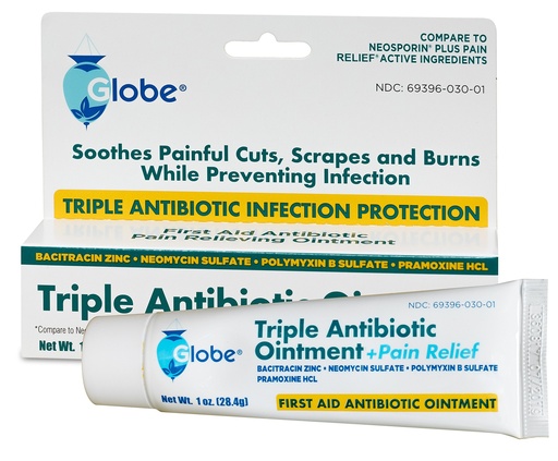 [BRSWGYIPBYBQEH3H] Globe Triple Antibiotic + Pain Relief Dual Action Ointment 1oz | First Aid Antibiotic | Soothes Pain, Cuts, Burns and Scrapes | 24 Hour Infection Protection (1 Tube)