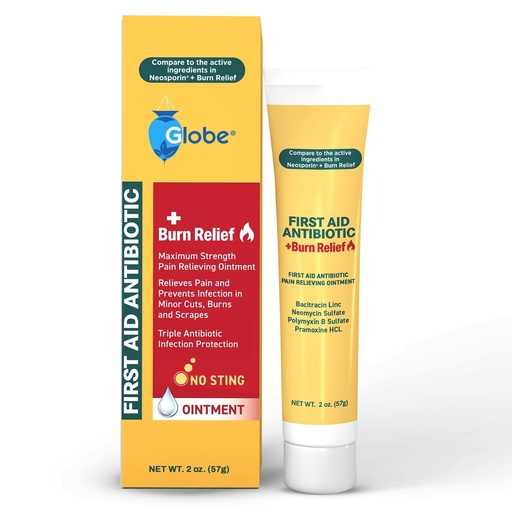 [BRSROFAEAAIR4CT7] Globe First Aid Antibiotic Burn Relief, Maximum Strength Triple Antibiotic Ointment for 24-Hour Infection Protection 2 Ounce