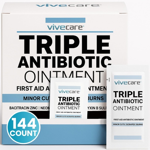 [BRSRAHT5CEIAA3LU] Vive Care Triple Antibiotic Ointment - Topical Antibacterial Cream | Healing & Treating Infection - First Aid Kit Supplies, Wound Care Essential w/Bacitracin, Neomycin & Polymyxin B (144)