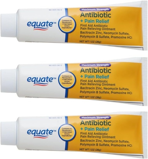 [BRSRGAL6OEMWMD3X] Equate Maximum Strength Triple Antibiotic Ointment Plus Pain Relief, Soothes Painful Cuts, Scrapes, and Burns, While Preventing Infection, 3 Ounce (3 Pack)