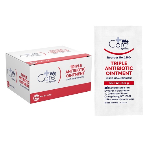 [BRSWIGA6CAFWIGDM] Dynarex Triple Antibiotic Ointment, Used for Minor Wounds Such as Cuts, Scrapes, and Burns, Single-Use First Aid Ointment 0.5g Foil Packets, 1 Box of 144 Triple Antibiotic Packets