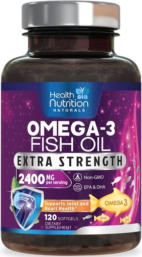 [BRSW2EIBBNYQK23Z] Omega 3 Fiskolja 2400 mg - Triple Strength Omega3, EPA & DHA Fatty Acids Supplement - Naturligt stöd för immun, hjärt- och hjärnhälsa - Vildfångad, icke-GMO, Lemon Flavor, Burpless - 120 Softgels