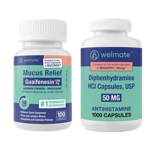 [BRSROBQYC54GOD35] WELMATE Nighttime Relief Combo: Mucus Relief Guaifenesin 1200mg Extended-Release (100 Ct) & Diphenhydramine 50mg Sleep Aid & Allergy Relief (1000 Ct) | 24-Hr Symptom Control for Restful Sleep