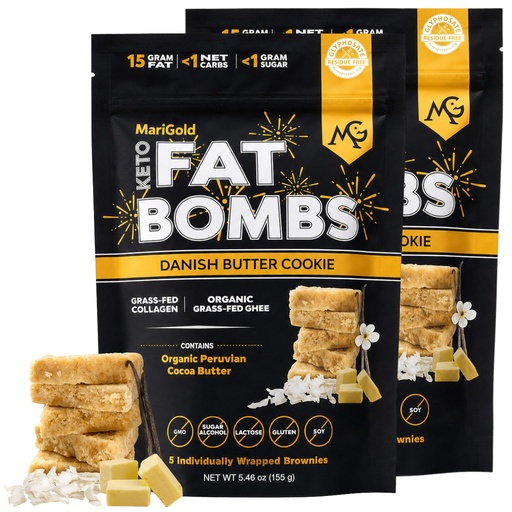 [BRSREZQ2CQIR6ETH] MariGold Keto Fat Bombs - Danish Butter Cookie - Low Carb, Collagen Rich, Grass-fed Ghee, Organic Cocoa Butter, Gluten-Free, Non-GMO (2 bags, 5 Servings each), No Weird Aftertaste