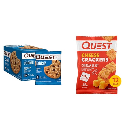 [BRSROCT4A4MBSD37] Quest Nutrition Chocolate Chip Protein Cookie; Keto Friendly; High Protein; Low Carb; 12 Count & Cheese Crackers, Cheddar Blast, High Protein, Low Carb, Made with Real Cheese