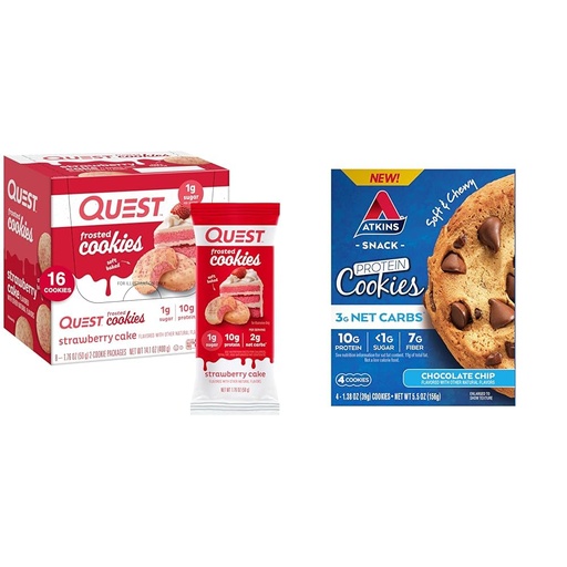 [BRSRAYYYCAMWMHY2] Quest Nutrition Frosted Strawberry Cake Cookies & Atkins Chocolate Chip Protein Cookies Bundle, 1-10g Sugar, 10-15g Protein, 2-3g Net Carbs