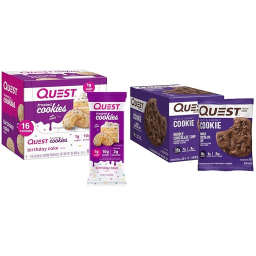 [BRSRAZTYOEAW2CT6] Quest Birthday Cake Frosted Cookies Twin Pack with Double Chocolate Chip Protein Cookies, High Protein, Low Sugar, Gluten Free