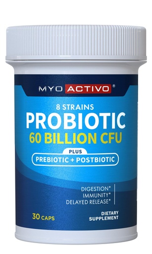 [BRSRAZIEOIPG22YZ] MyoActivo 60 Billion CFU Probiotic, Tri-Blend, 8 Strains, 30 Capsules | Prebiotics & Postbiotics, Digestive & Immune Support, Delayed Release, Shelf Stable, Non-GMO & Gluten Free