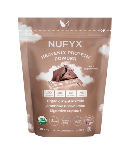 [BRSROBAHB4JWO3A7] NUFYX® Family Owned Protein Powder, Organic Plant-Based, Made with 100% USA Grown Peas, 18g Protein for 100 Calories, Only 7 Ingredients, Digestive Support (Dreamy Chocolate, 40 Scoops)