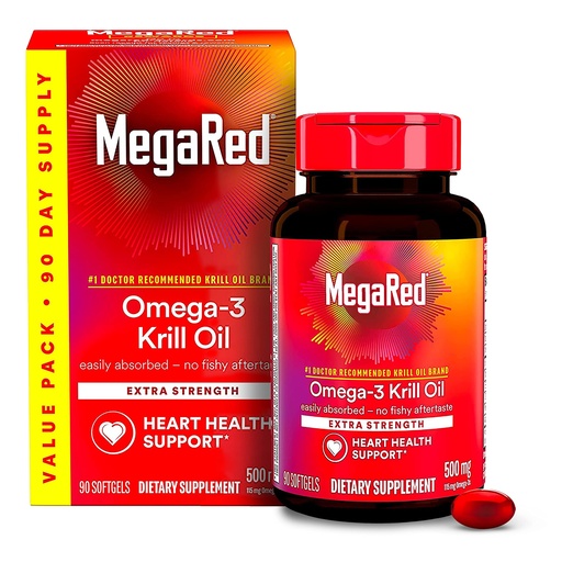 [BRSWK2T5CACAOYDM] MegaRed Antarctic Krill Oil 500mg Omega 3 Fatty Acid Supplement, Extra Strength EPA & DHA Krill Oil Softgels (90cnt Box), Astaxanthin, Heart Health Supplement with No Fish Oil Aftertaste