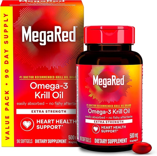 [BRSWK2T5CACAOYDM] MegaRed Antarctic Krill Oil 500mg Omega 3 Fatty Acid Supplement, Extra Strength EPA & DHA Krill Oil Softgels (90cnt Box), Astaxanthin, Heart Health Supplement with No Fish Oil Aftertaste
