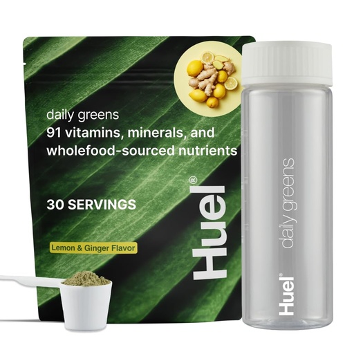 [BRSRAAYPOINBUDTF] Huel Daily Greens Bundle | Lemon & Ginger Daily Greens Bag + Bottle | 30 Servings | Superfood Greens Powder | 91 Vitamins, Minerals, and Wholefood-Sourced Ingredient