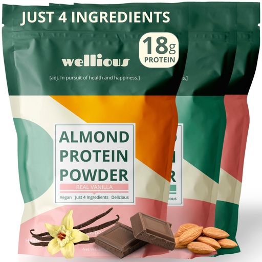 [BRSREFI7B4FAGDLF] wellious Almond Protein Powder 3-pk (Vanilla, Chocolate, Unflavored) - 18 Grams of Pure Healthiest Vegan Protein Powder - Gluten-Free, Soy-Free Gut Friendly Protein for Sports Nutrition