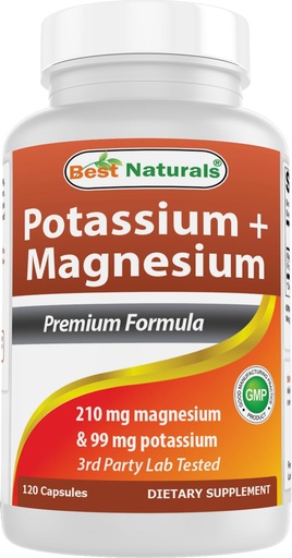 [BRSRGHANAAAWCHTB] Best Naturals Potassium (99 mg) + Magnesium (210 mg) Per Serving - 120 Capsules - Non-GMO, Gluten-Free