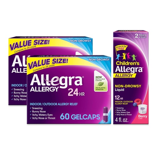 [BRSRACQFBEHGO3LA] Allegra Allergy Relief Family Bundle, Non-Drowsy Indoor-Outdoor Allergy Medicine with Fexofenadine HCI, Adult 24HR Gelcaps, 60 ct, 2 pk, Children's 12HR Liquid, Berry, 4 oz.