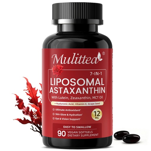 [BRSRGBQYOB5QA3I6] Liposomal Astaxanthin 12mg with Hyaluronic Acid & Lutein for Skin & Eye | 7-IN-1 Vegan Softgels with Vitamin E, Zeaxanthin, Phospholipids & MCT for Antioxidant, Skin Hydration, GMP, Gluten Free, 90ct