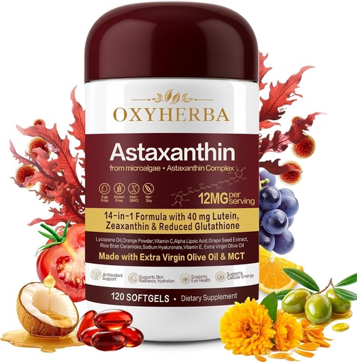 [BRSRYYALBAFBMG3D] Astaxanthin 12mg Supplements from Natural Microalgae, MCT Oil, Lutein 40mg,Zeaxanthin,Lycopene,Glutathione & Hyaluronic Acid,120 Vegan Softgels,Non-GMO,Gluten & Soy Free,Eye & Skin Antioxidant Support
